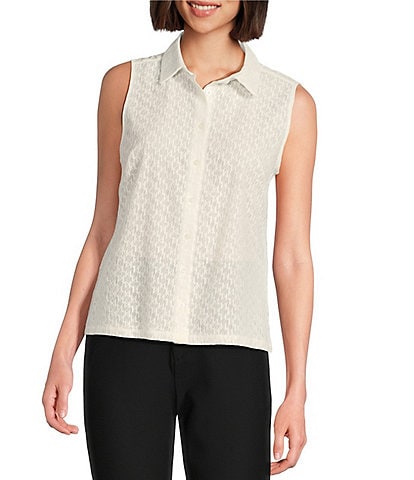 KARL LAGERFELD PARIS Lace Point Collar Sleeveless Button Front Blouse