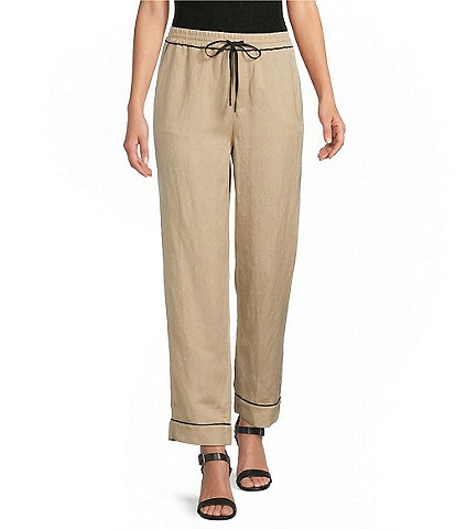 KARL LAGERFELD PARIS Linen-Blend Contrast Trim Drawstring Pull-On Pants