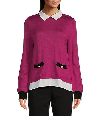 KARL LAGERFELD PARIS Merino Collared Shirt Pullover Sweater Colorblock Twofer