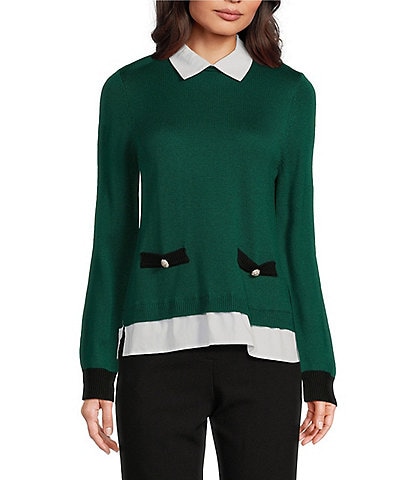 KARL LAGERFELD PARIS Merino Collared Shirt Pullover Sweater Colorblock Twofer