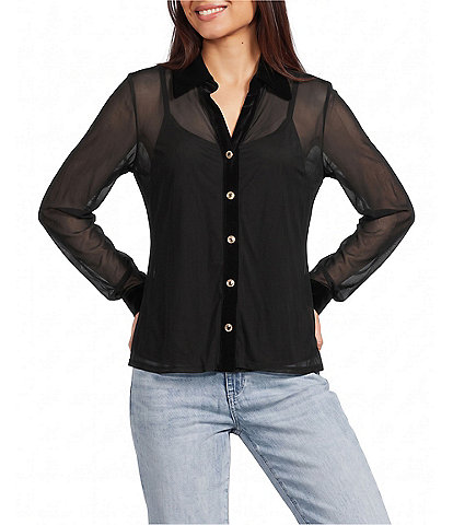 KARL LAGERFELD PARIS Mesh Black Trim Black Trim Point Collar Button Front Top