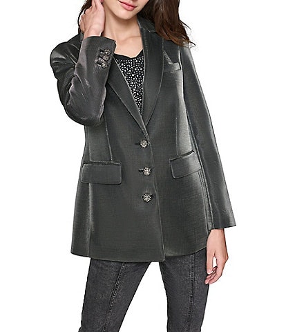 KARL LAGERFELD PARIS Metallic Gunmetal Notch Lapel Long Sleeve Embellished 3-Button Blazer