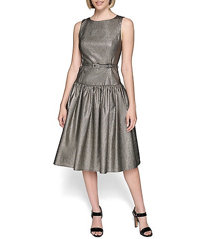 KARL LAGERFELD PARIS Metallic Jacquard Round Neck Sleeveless Belted Drop Waist Dress