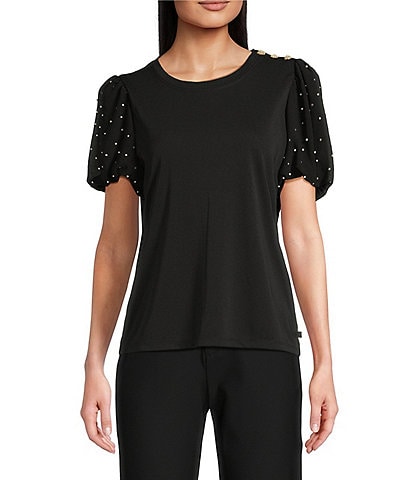 KARL LAGERFELD PARIS Mixed Media Crew Neck Short Puff Sleeve Embellished Top
