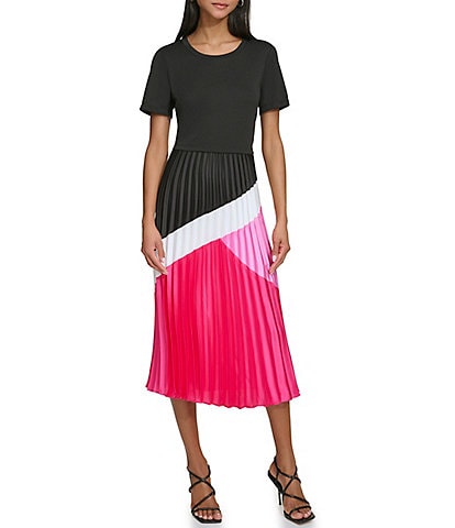 KARL LAGERFELD PARIS Mixed Media Scoop Neck Short Sleeve Pleated Color Block Midi Dress