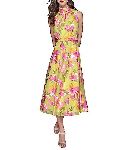 KARL LAGERFELD PARIS Mock Neck Floral Burnout A-Line Midi Dress