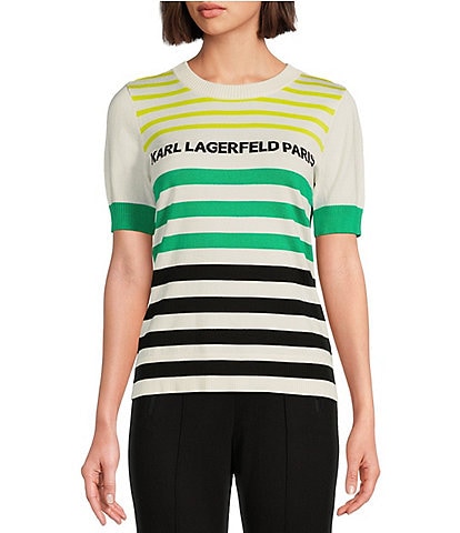 KARL LAGERFELD PARIS Multi Color Stripe Short Sleeve Knit Shirt