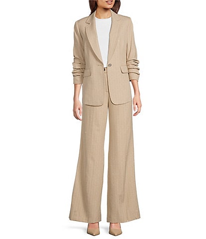 KARL LAGERFELD PARIS Notch Collar 3/4 Sleeve Rhinestone Studded Embellished Pinstripe Blazer & Coordinating Wide Leg Pant