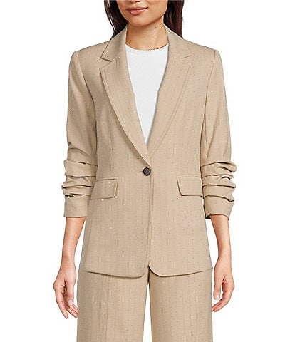 KARL LAGERFELD PARIS Notch Collar 3/4 Sleeve Rhinestone Studded Embellished Pinstripe Coordinating Blazer