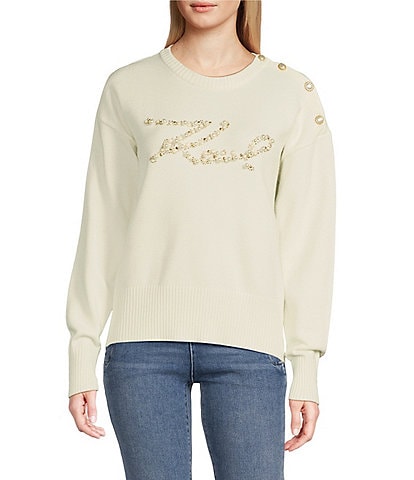 KARL LAGERFELD PARIS Pearl #double;Karl#double; Crew Neck Long Sleeve Sweater