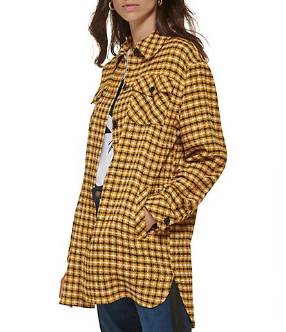 KARL LAGERFELD PARIS Plaid Print Point Collar Long Sleeve Button Front Shacket