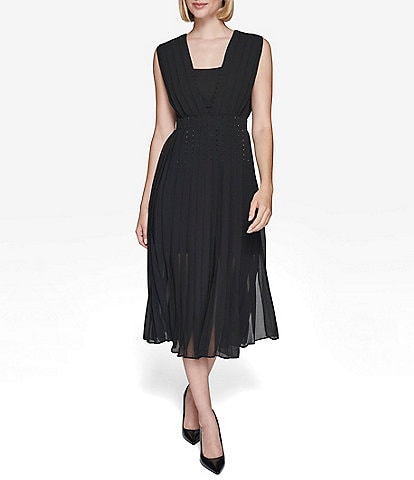 KARL LAGERFELD PARIS Pleated Chiffon Deep Square Neck Sleeveless Midi Dress