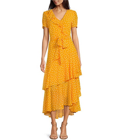 KARL LAGERFELD PARIS Polka Dot Print V-Neck Short Sleeve Ruffle Tiered Belted Wrap Maxi Dress