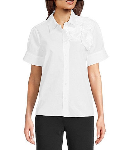 KARL LAGERFELD PARIS Poplin Point Collar Short Sleeve Cuffed Rose Shirt