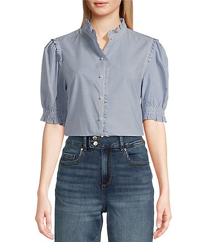 KARL LAGERFELD PARIS Poplin Striped Round Neck Ruffle 3/4 Sleeve Button Front Top