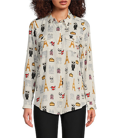 KARL LAGERFELD PARIS Printed Collared Long Sleeve Blouse