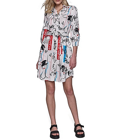 KARL LAGERFELD PARIS Printed Point Collar 3/4 Sleeve Side Pocket Button Down Belted Shirt Dress