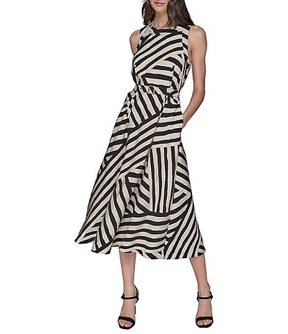 KARL LAGERFELD PARIS Printed Rumpled Rayon Blend Crew Neck Belted A-Line Midi Dress