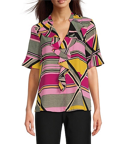 Karl Lagerfeld Paris Printed Short Sleeve V-Neck Ruffle Front Blouse