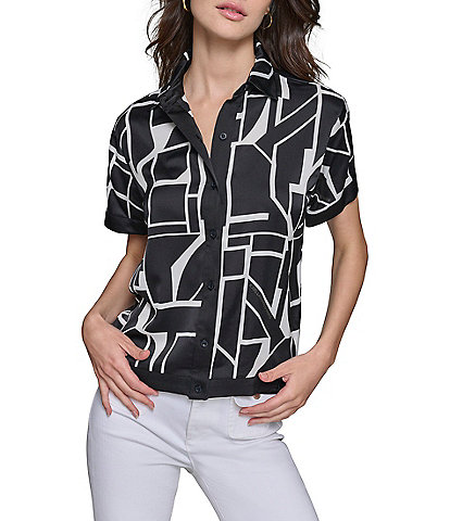 KARL LAGERFELD PARIS Printed Woven Short Sleeve Logo Button Down Shirt