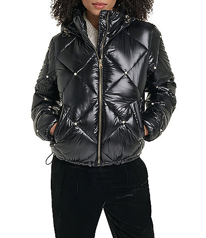 KARL LAGERFELD PARIS Quilted Pattern Pearl Embellish Stand Collar Hooded Zip Front Jacket