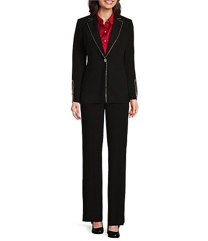 KARL LAGERFELD PARIS Rhinestone Trim Notch Lapel Long Sleeve One Button Blazer & Twill Rhinestone Trim Straight Leg Pant