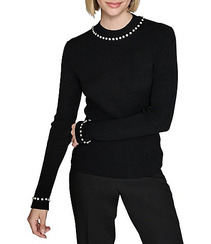 KARL LAGERFELD PARIS Rhinestone Trim Turtleneck Embellished Long Sleeve Sweater