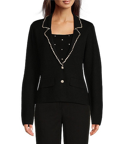 KARL LAGERFELD PARIS Rhinestone Trim V-Neck Long Sleeve Two-Button Cardigan