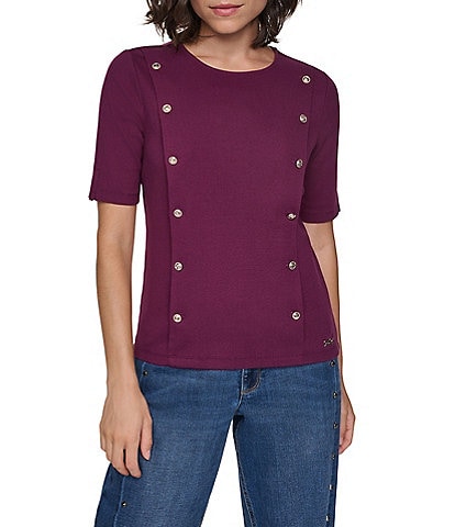 KARL LAGERFELD PARIS Ribbed Knit Crew Neck Short Sleeve Pullover Top