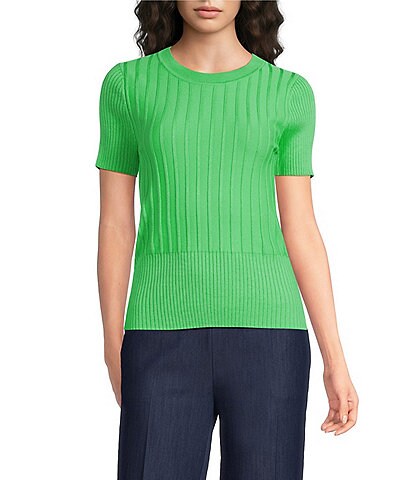 KARL LAGERFELD PARIS Ribbed Knit Crew Neck Short Sleeve Sweater Top