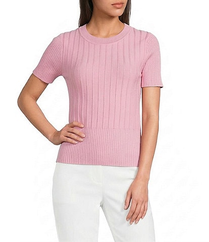 KARL LAGERFELD PARIS Ribbed Knit Crew Neck Short Sleeve Sweater