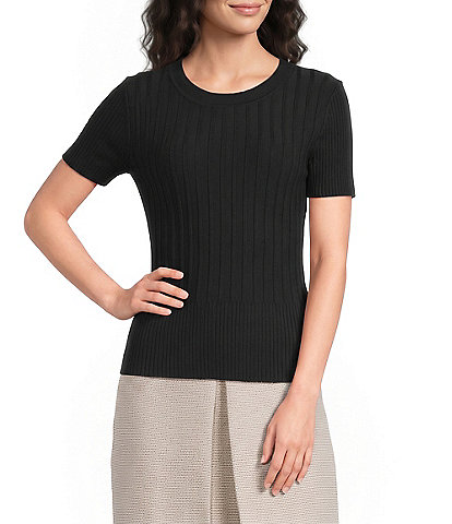 KARL LAGERFELD PARIS Ribbed Knit Crew Neck Short Sleeve Sweater