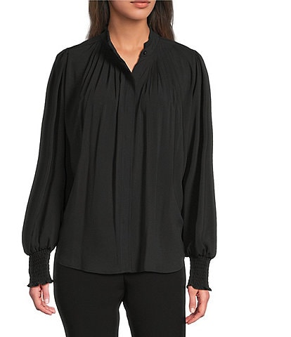 KARL LAGERFELD PARIS Round Neck Long Smocked Sleeve Button Front Blouse