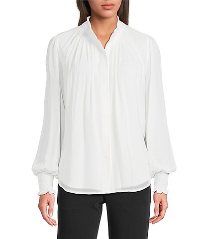 KARL LAGERFELD PARIS Round Neck Long Smocked Sleeve Button Front Blouse