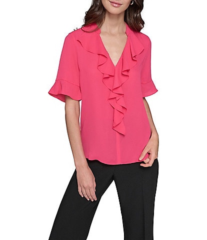 KARL LAGERFELD PARIS Ruffle Front V-Neck Short Sleeve Blouse