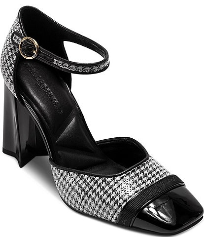 KARL LAGERFELD PARIS Sapphira Sequin Houndstooth Block Heel Ankle Wrap Pumps