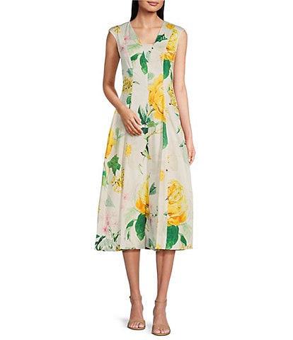 KARL LAGERFELD PARIS Sateen Floral Print V-Neck Sleeveless Midi A-Line Dress