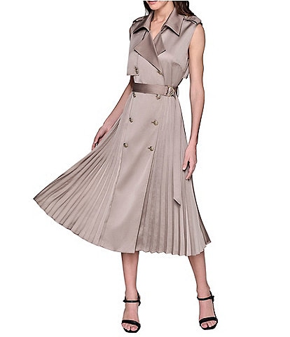 KARL LAGERFELD PARIS Satin Back Crepe Notch Collar Belted Pleated Shirt Dress