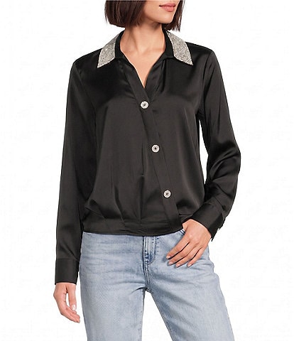 KARL LAGERFELD PARIS Satin Crepe de Chine Surplice Collared Button Front Blouse