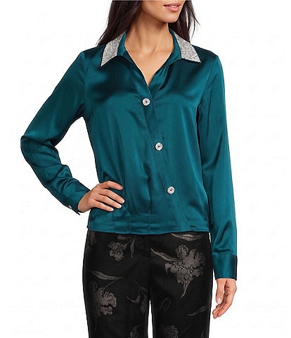 KARL LAGERFELD PARIS Satin Crepe de Chine Surplice Collared Button Front Blouse