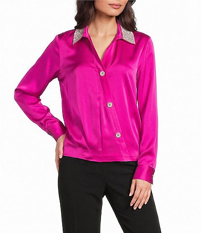 KARL LAGERFELD PARIS Satin Crepe de Chine Surplice Collared Button Front Blouse