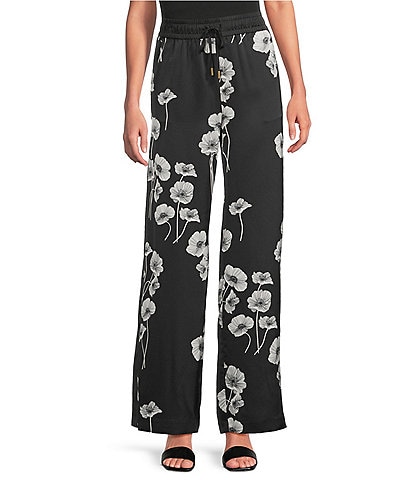 KARL LAGERFELD PARIS Satin Crepe Floral Print Wide Leg Coordinating Pants