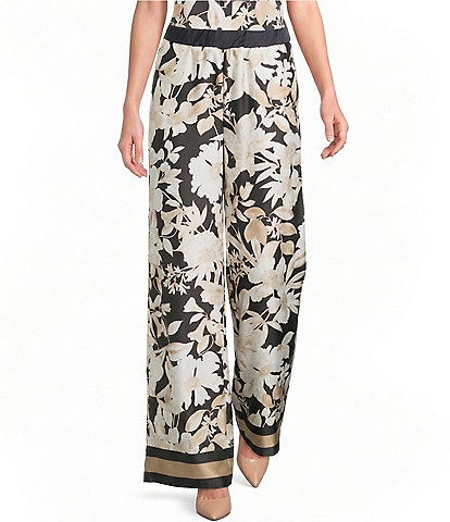 Satin Print Flat Front Wide Leg Pull On Coordinating Pants