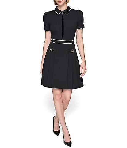 KARL LAGERFELD PARIS Scuba Crepe Collar Neck Short Sleeve Gold Hardware Contrast Trim Pleated Mini Dress