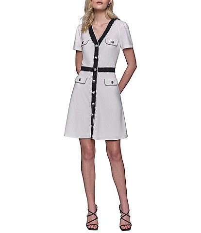 KARL LAGERFELD PARIS Scuba Crepe Contrast Trim V-Neck Short Sleeve Flap Pocket Button Front A-Line Dress