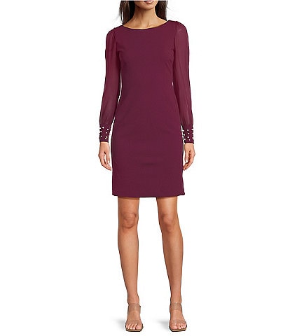 KARL LAGERFELD PARIS Scuba Crepe Crew Neck Chiffon Long Sleeve Pearl Cuff Sheath Mini Dress
