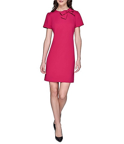 KARL LAGERFELD PARIS Scuba Crepe Crew Neck Puff Sleeves Bow Sheath Dress
