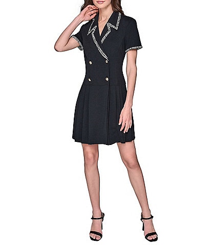 KARL LAGERFELD PARIS Scuba Crepe Notch Collared Short Sleeves Jacquard Piping Shirt Dress