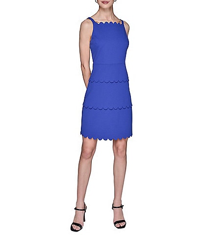 KARL LAGERFELD PARIS Scuba Sleeveless Square Neck Tiered Scalloped Trim Sheath Dress