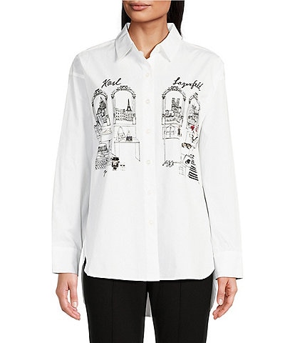 KARL LAGERFELD PARIS Shopping Girl Poplin Long Sleeve Button Front Shirt